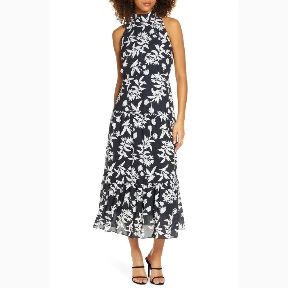 Sam Edelman Tie Neck Midi Black White Dress Sz: 4